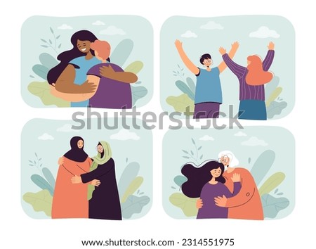 Happy diverse people hugging vector illustrations set. Friends, couples, family members of different race, age and religion cuddling and supporting each other. Diversity, relationship, love concept