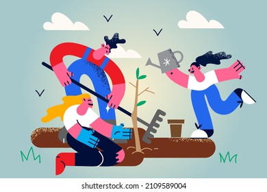 Happy diverse people plant tree seedling in soil water with pot. Smiling family with kid have fun involved in gardening or farming activity outdoors. Environment and nature care. Vector illustration. 