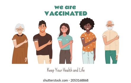 Happy diverse people show shoulder bandage after coronavirus vaccination. Elderly and young women and men were vaccinated. Vaccine concept. Flat vector illustration isolated on white background