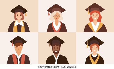 Happy diverse peoples portraits in grad caps with tassel and mantles. Online graduation concept. Group of multi ethnic graduate students. Afro american man, asian woman, caucasian. Vector illustration