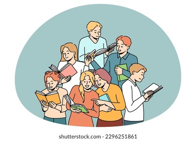 Happy diverse students with books enjoy learning together. Smiling millennial teenagers with textbooks study in group prepare for exam or test. Education and friendship. Vector illustration.