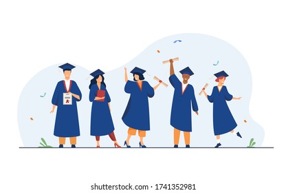 Happy diverse students celebrating graduation from school or colleges, holding diplomas and certificates. Flat vector illustration for education, university party, academic success concept