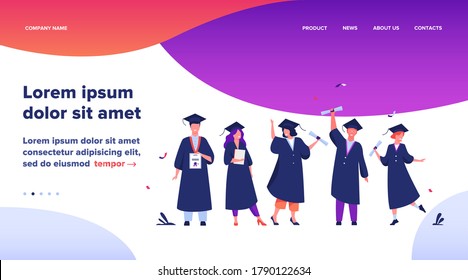 Happy diverse students celebrating graduation from school or colleges, holding diplomas and certificates. Flat vector illustration for education, university party, academic success concept