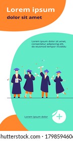 Happy diverse students celebrating graduation from school or colleges, holding diplomas and certificates. Flat vector illustration for education, university party, academic success concept