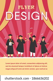 Happy diverse students celebrating graduation from school or colleges, holding diplomas and certificates. Flat vector illustration for education, university party, academic success concept