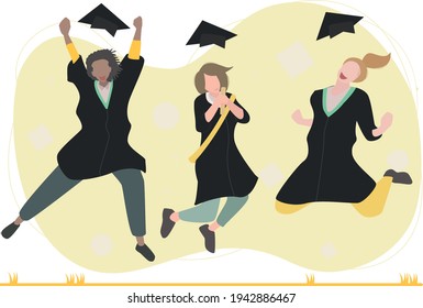 Happy diverse students celebrating graduation with jump expression.