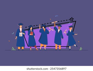 Feliz estudantes diversificados celebrando a formatura da escola ou faculdades, segurando diplomas e certificados. Ilustração vetorial plana para educação, festa universitária, conceito de sucesso acadêmico