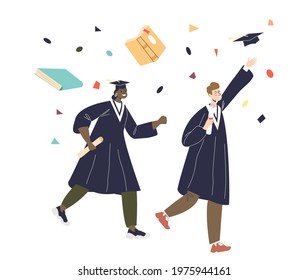 Happy diverse students couple celebrate graduation throwing grad caps up. Cheerful alumnus man and woman dressed in ceremony gown. Cartoon flat vector illustration