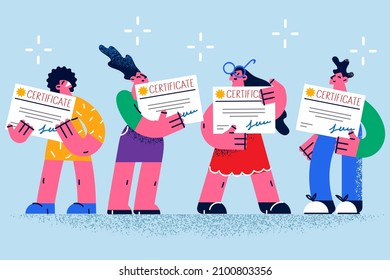 Happy diverse students hold certificates graduate from university or college. Smiling pupils children feel excited at school graduation. Education and knowledge. Flat vector illustration.