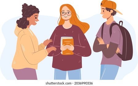 Happy diverse students on a school break. Girls and a guy talking. Group of people. Flat vector illustration.