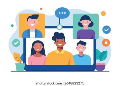 Feliz videoconferência de equipe diversificada no laptop, encontro on-line alegre, ilustração de estilo plano moderno.