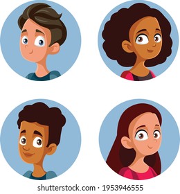 Happy Diverse Teenagers Vector Avatars Set. Collection of teenage adolescent schoolgirls and schoolboys portraits
