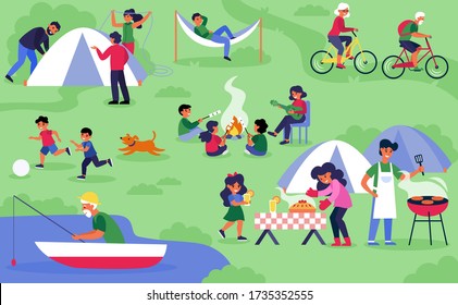 Happy diverse tourists camping on nature flat vector illustration. Cartoon group of people sitting near bonfire, relaxing and playing guitar. Outdoor activity and summer vacation concept