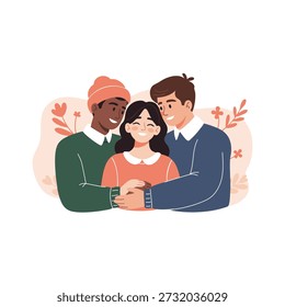 Un trío diverso feliz con dos hombres y una mujer abrazándose cálidamente, simbolizando el poliamor, el amor moderno y la Asistencia comunitaria en un estilo de Vector plano sobre un fondo floral decorativo.