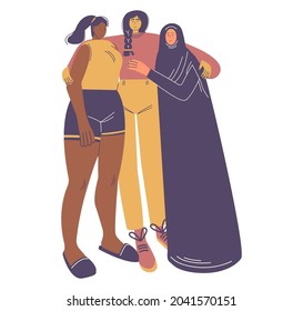 Happy diverse women hugging together, flat vector illustration. International Women Day, 8 march, feminism.