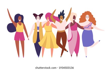 Happy diverse women stand together and hold hands. Concept, element for feminism, women's card, poster, banner, wallpaper, packaging, background. Vector illustration on an isolated background.