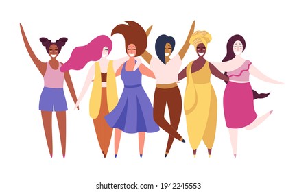 Happy diverse women stand together and hold hands. Concept, element for feminism, women's card, poster, banner, wallpaper, packaging, background. Vector illustration on an isolated background.