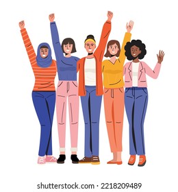 Happy diverse women standing together. Vector