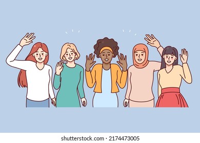 Happy diverse women waving hands showing international friendship and unity. Smiling multiethnic girlfriends group. Diversity concept. Vector illustration. 