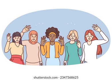 Happy diverse women waving hands showing international friendship and unity. Smiling multiethnic girlfriends group. Diversity concept. Vector illustration.