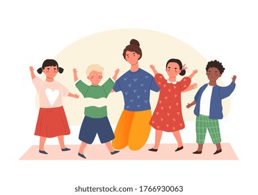 Happy diverse young kindergarten kids with a teacher waving and smiling together during a motivational game in an education concept, colored vector illustration