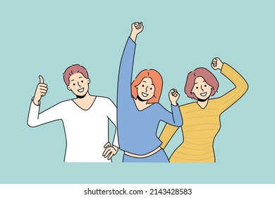 Happy diverse young people feel joyful dancing relaxing together. Smiling millennial friends have fun enjoy party or celebration laughing and joking. Flat vector illustration, cartoon character. 