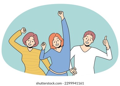 Happy diverse young people feel joyful dancing relaxing together. Smiling millennial friends have fun enjoy party or celebration laughing and joking. Flat vector illustration, cartoon character.