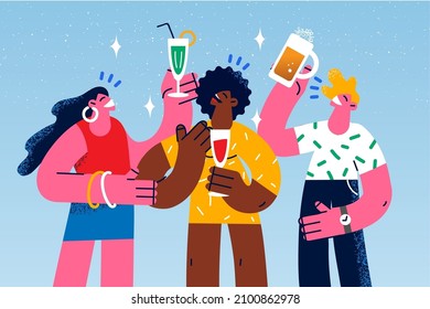 Felices y diversos jóvenes con gafas se divierten en la fiesta juntos. Los sonrientes amigos multirraciales beben bebidas que celebran una ocasión especial. Celebración de verano. Ilustración vectorial. 