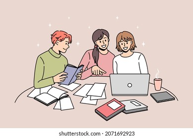 Happy diverse young people study together with books and laptop prepare for school exam or test. Smiling students learn using computer and textbooks. Education concept. Flat vector illustration. 