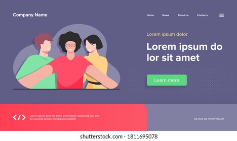 Happy diverse young people taking group selfie on mobile phone camera, standing together and smiling. Flat vector illustration for friendship, photo, self portrait concept