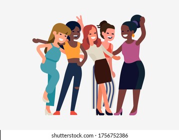 Happy diverse young women celebrating together. Group of girls is having fun, isolated. Cool vector concept illustration on ladies having a party