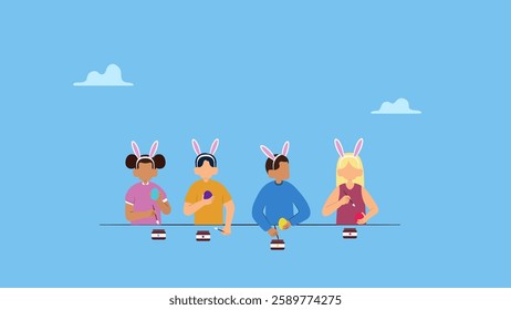 Happy diversity children hunting easter eggs. Set of characters. Easter street event, festival and fair, banner, poster design.