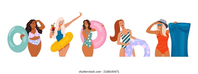 Happy diversity women in swimsuit with inflatable ring, float, circle, matress set. Joyful smiling girls ready to beach summer party. Color flat cartoon vector illustration isolate on white background