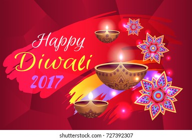 Happy diwali 2017 festival of lights held in India, picture with lamps and title, traditional symbols colorful vector illustration