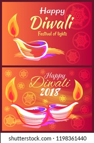 Happy Diwali 2018 festival of lights banner decorated with luminous candle orange frame. Vector illustration of poster on red background with mandalas