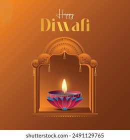 Feliz Diwali. Gráfico 3D del diseño de la lámpara de aceite Diya de la India con marco de la herencia en el fondo del tema festivo de la India. El Festival de las Luces.