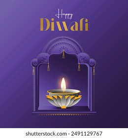Happy Diwali. 3D graphic of Indian Diya oil lamp design with heritage  frame on Indian festive theme background. The Festival of Lights.