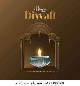 Happy Diwali. 3D graphic of Indian Diya oil lamp design with heritage  frame on Indian festive theme background. The Festival of Lights.