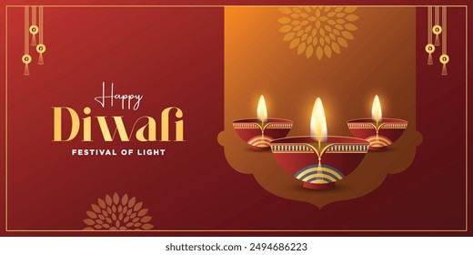 Happy Diwali. 3D graphic of Indian Diya oil lamp design with Golden border frame on Indian festive theme big banner background. The Festival of Lights.