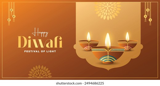 Feliz Diwali. Gráfico 3D del diseño de la lámpara de aceite de Diya india con marco de borde dorado en el fondo de Anuncio grande de tema festivo indio. El Festival de las Luces.