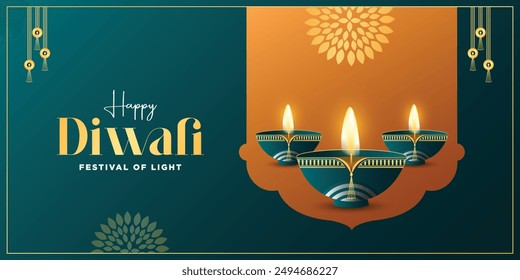 Feliz Diwali. Gráfico 3D del diseño de la lámpara de aceite de Diya india con marco de borde dorado en el fondo de Anuncio grande de tema festivo indio. El Festival de las Luces.