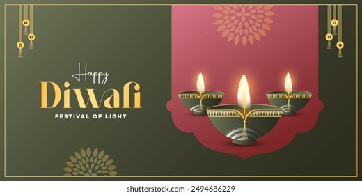 Feliz Diwali. Gráfico 3D del diseño de la lámpara de aceite de Diya india con marco de borde dorado en el fondo de Anuncio grande de tema festivo indio. El Festival de las Luces.