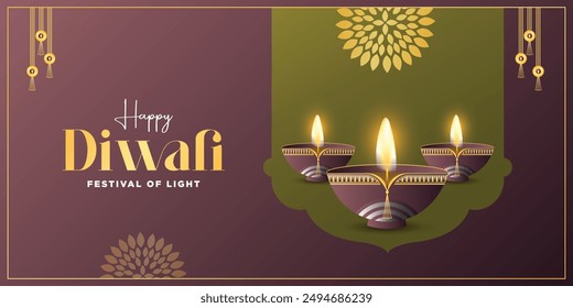 Happy Diwali. 3D graphic of Indian Diya oil lamp design with Golden border frame on Indian festive theme big banner background. The Festival of Lights.