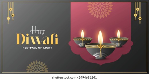 Happy Diwali. 3D graphic of Indian Diya oil lamp design with Golden border frame on Indian festive theme big banner background. The Festival of Lights.