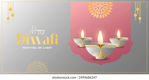 Happy Diwali. 3D graphic of Indian Diya oil lamp design with Golden border frame on Indian festive theme big banner background. The Festival of Lights.