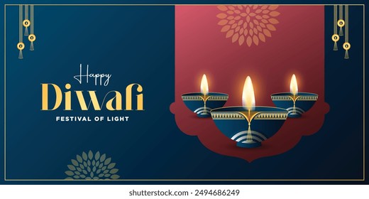 Feliz Diwali. Gráfico 3D del diseño de la lámpara de aceite de Diya india con marco de borde dorado en el fondo de Anuncio grande de tema festivo indio. El Festival de las Luces.