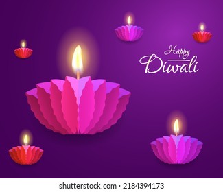 Happy Diwali 3D Graphic With Origami Paper Diya Lamp. Diwali Decorative Paper Lamp Mockup.