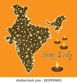 Happy Diwali abstract lights on the map of India and candles. Indian festival of light.Vector illustration on orange background.

