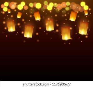 Happy Diwali background with burning lamps, light effects and bokeh .Vector illustration