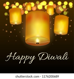 Happy Diwali background with burning lamps, light effects and bokeh .Vector illustration